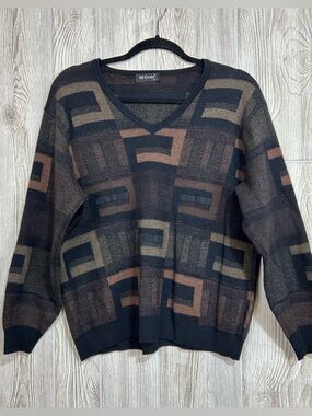 Vintage St. Croix V-neck Knit Wool Sweater Geometric Abstract Block Pattern L